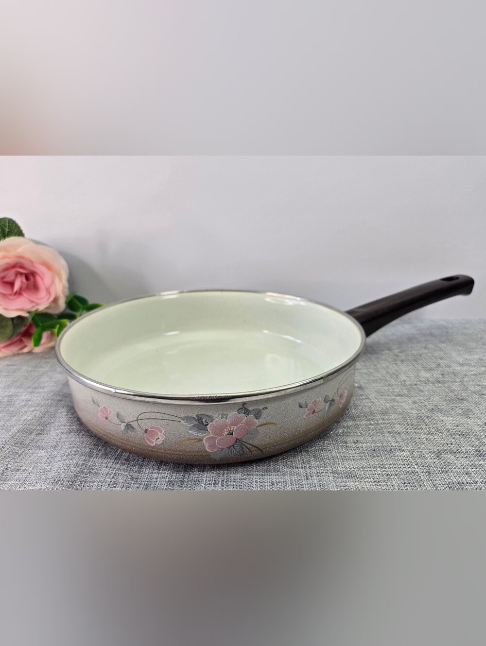 Vintage Belis Czechoslovakia Enamel Cooking Pan, No Lid Retro Pink Floral MCM